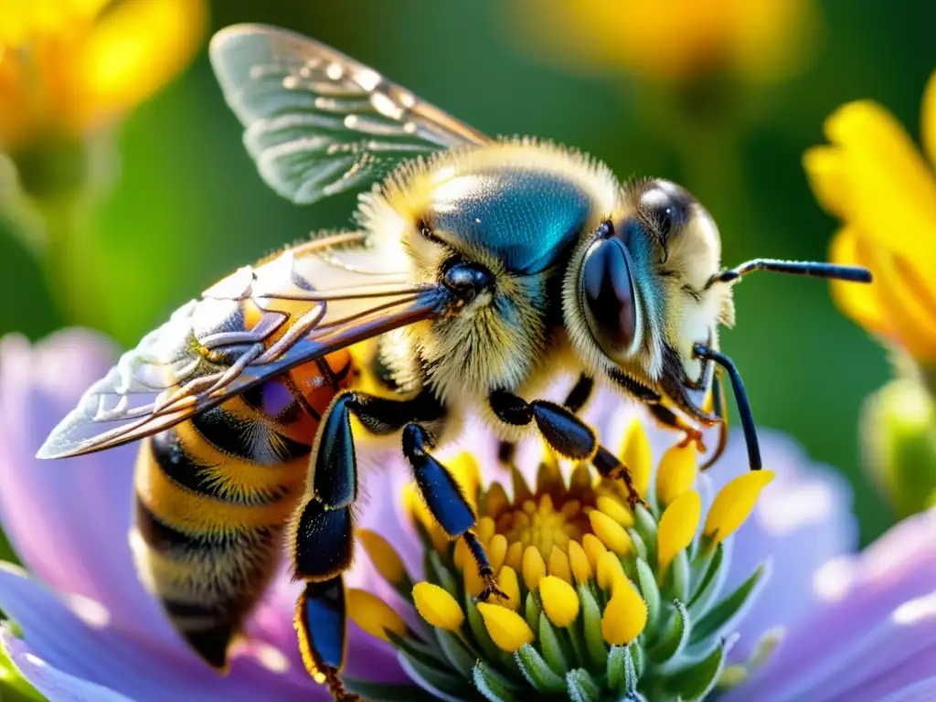 Detalle asombroso: Abeja cubierta de polen en flor vibrante Detallada imagen de una abeja cubierta de polen amarillo sobre una flor colorida
