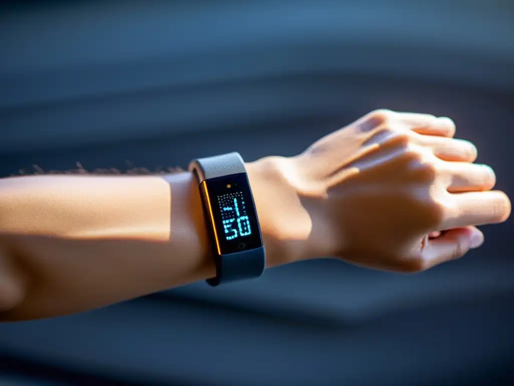 Medición de respuesta inmune en ejercicio Detallada imagen de brazo con dispositivo wearable de alta tecnología, medición respuesta inmune durante ejercicio