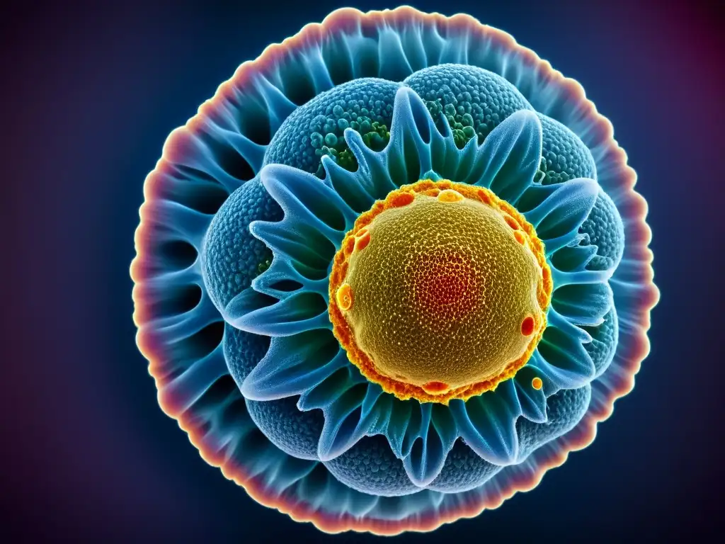 Detallada imagen de una célula biológica bajo estrés, revelando la complejidad y la importancia del estrés en el sistema inmunológico