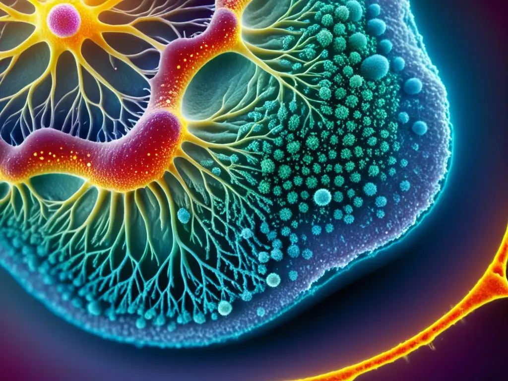 Detallada imagen de célula cutánea bajo microscopio, revelando la conexión estrés-contaminación-alergias a nivel molecular