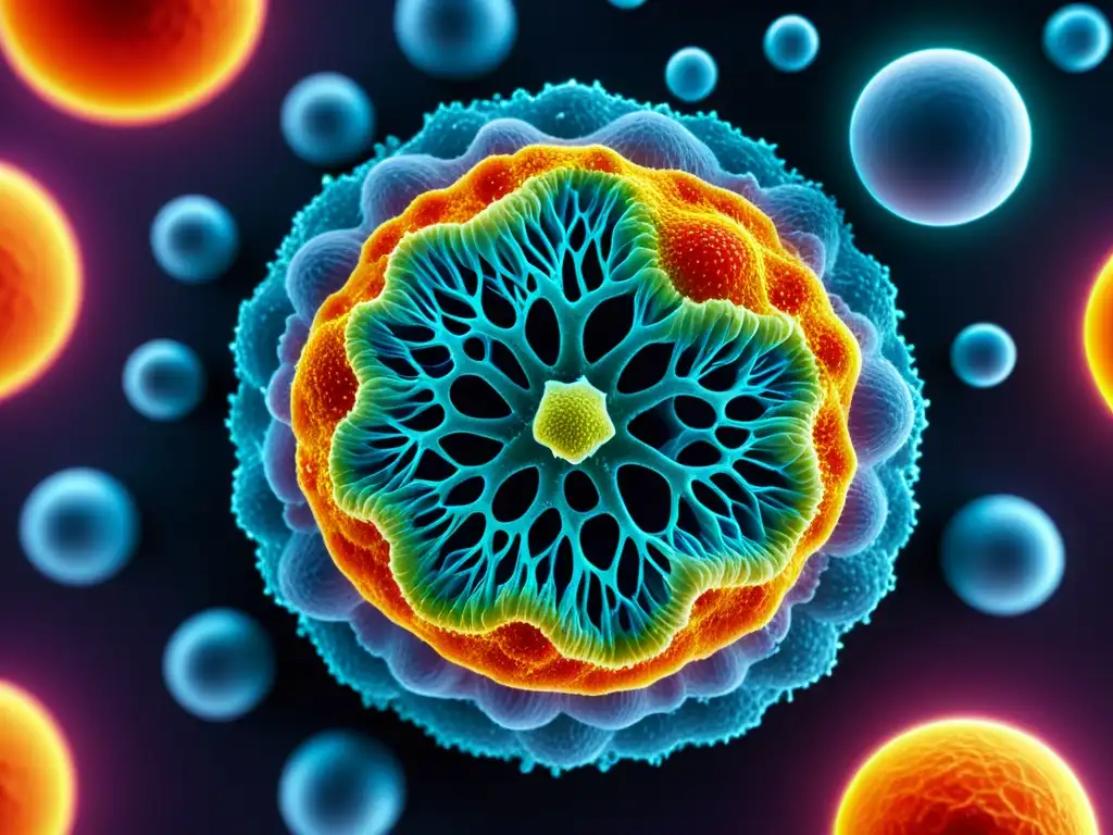 Microscopio revela célula del sistema inmune Detallada imagen de una célula del sistema inmunológico humano bajo microscopio, resaltando su estructura y su interacción con hormonas del estrés