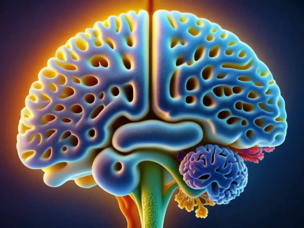 Red neuronal del cerebro humano en 8k: estrés e inmunidad Detallada imagen 8k del cerebro humano, resaltando la red de neuronas y células gliales en el papel del sistema inmune estrés agudo