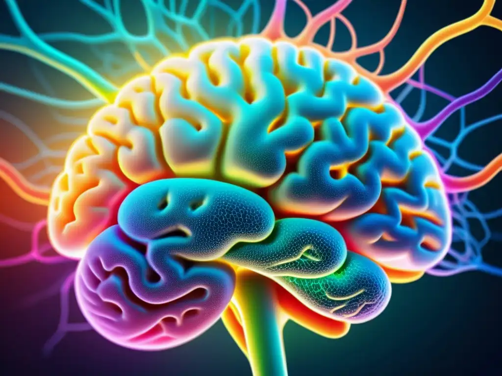 Detallada imagen de un cerebro humano con conexiones neuronales resaltadas, mostrando la relación estrés-sistema inmune salud