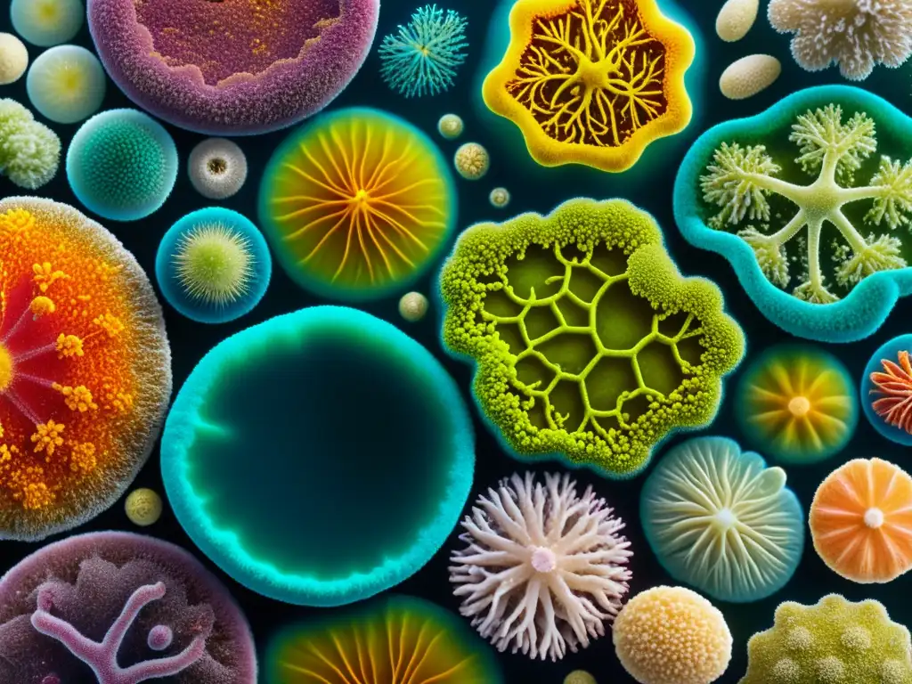 Detallada imagen de una comunidad microbiana colorida, mostrando la complejidad y diversidad del rol de la microbiota en la inmunidad