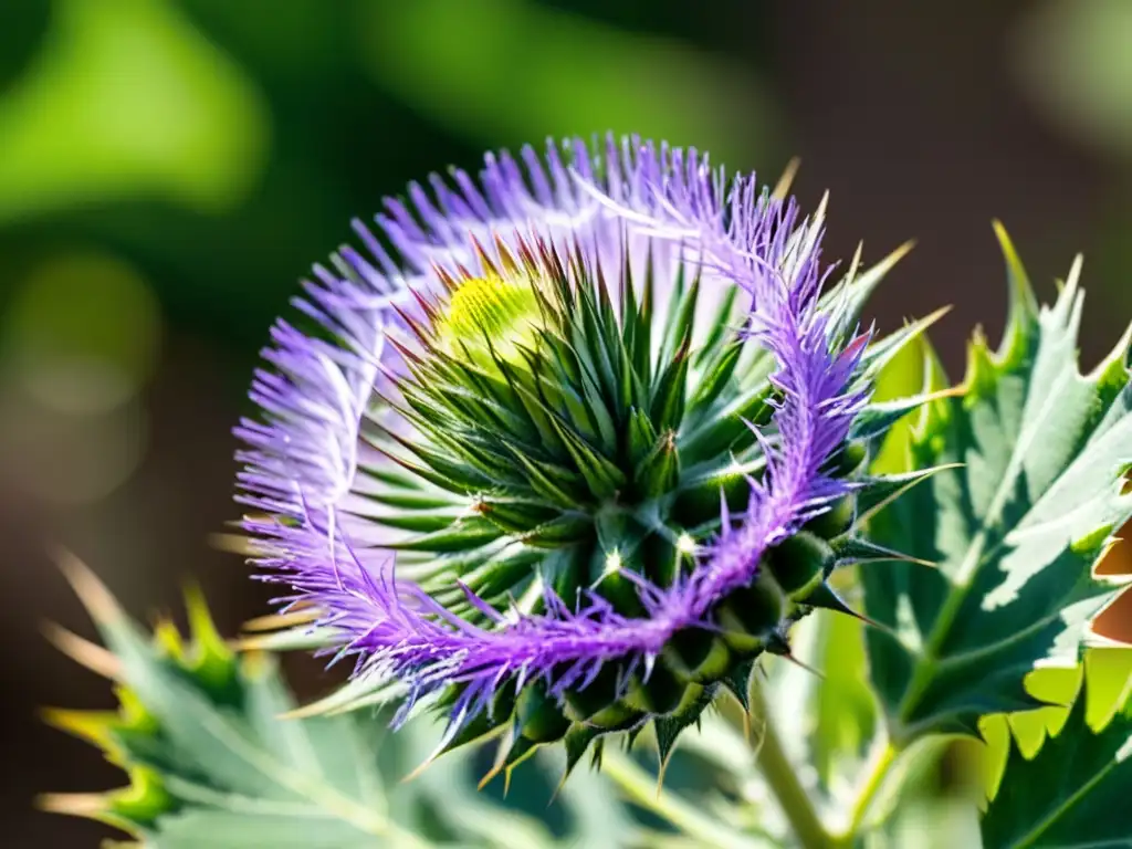 Detalle fascinante de cardo verde en jardín exuberante Detallada imagen del cardo mariano en un jardín exuberante, resaltando sus beneficios para la inmunidad con luz natural
