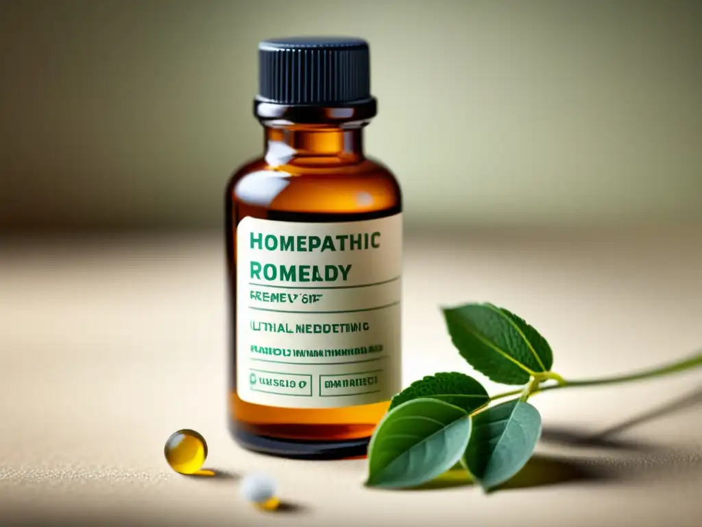 Detalle impresionante de botella de remedio homeopático Detallada imagen de un frasco de remedio homeopático para sistema inmune, destacando ingredientes naturales y proceso científico