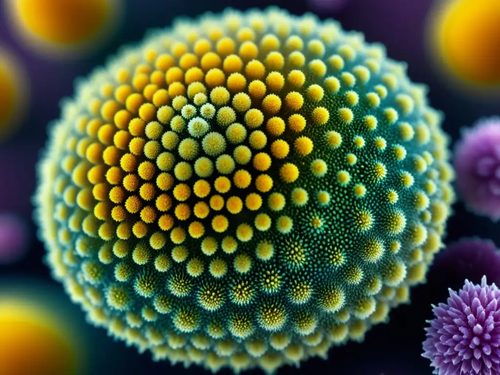 Grano de polen: Textura detallada y alergénica Detallada imagen de un grano de polen bajo microscopio, mostrando su textura intricada y partículas alergénicas