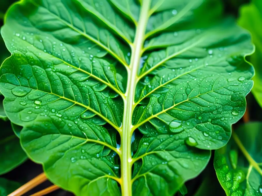 Verde fresco: Detalle de hoja con gotas de agua Detallada imagen de hoja verde con gotas de agua, resaltando la importancia del ácido fólico para el sistema inmunológico