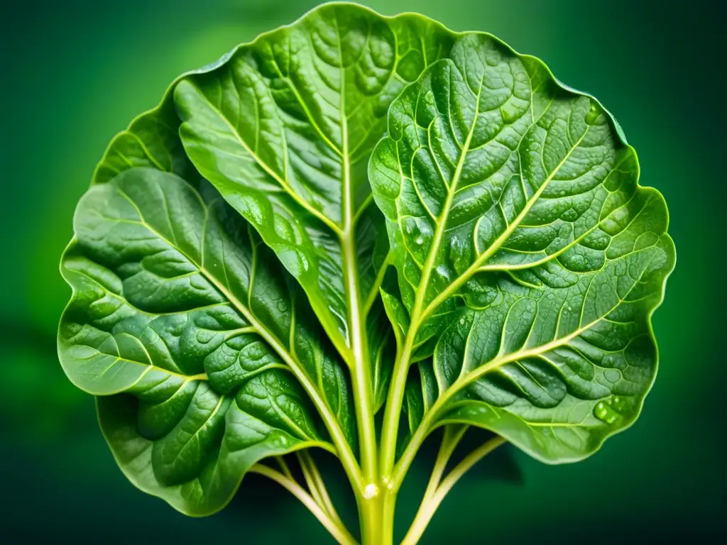 Verde frescura: Detalle 8k de hojas de espinaca o kale con gotas de agua Detallada imagen 8k de hoja verde, con gotas de agua, evocando frescura y beneficios para el sistema inmunológico y la importancia del ácido fólico