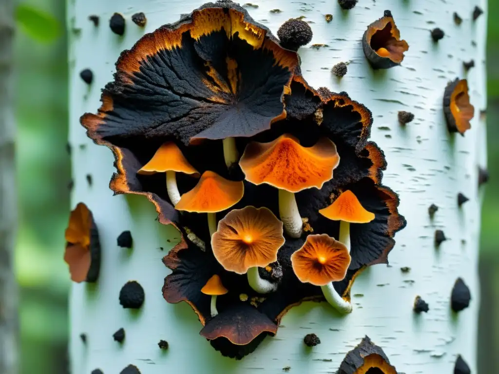 Chaga: Detalle impactante en árbol de abedul Detallada imagen de hongos Chaga en un abedul