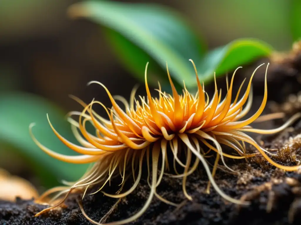 Cordyceps sinensis: Belleza orgánica en detalle Detallada imagen de hongos cordyceps sinensis en un entorno natural, resaltando su estructura filamentosa y tonos terrosos