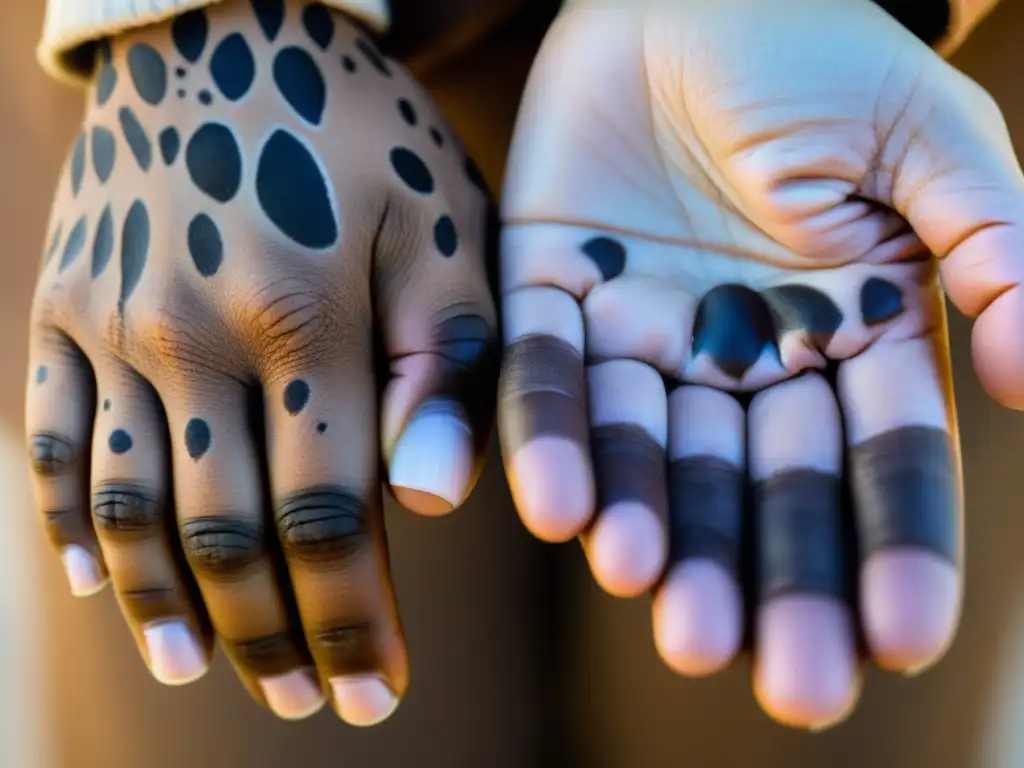 Detalles impactantes de vitiligo: belleza única y empoderamiento Detallada imagen de manos con vitiligo, mostrando patrones y contrastes