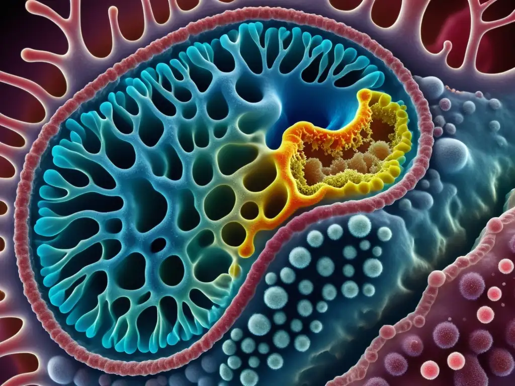 Microbioma intestinal: red microbiana y sistema inmune Detallada imagen del microbioma intestinal humano, resaltando la relación simbiótica con el sistema inmunitario