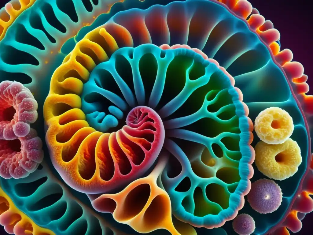 Detallada imagen en 8k de la microbiota intestinal y enfermedades autoinmunes, mostrando la compleja red de microorganismos en colores vibrantes