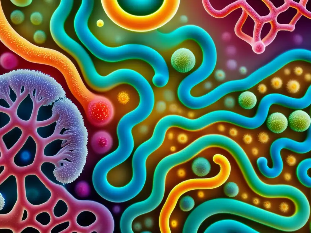 Detallada imagen de la microbiota intestinal, muestra diversidad bacteriana en un vibrante ecosistema, clave en enfermedades autoinmunes