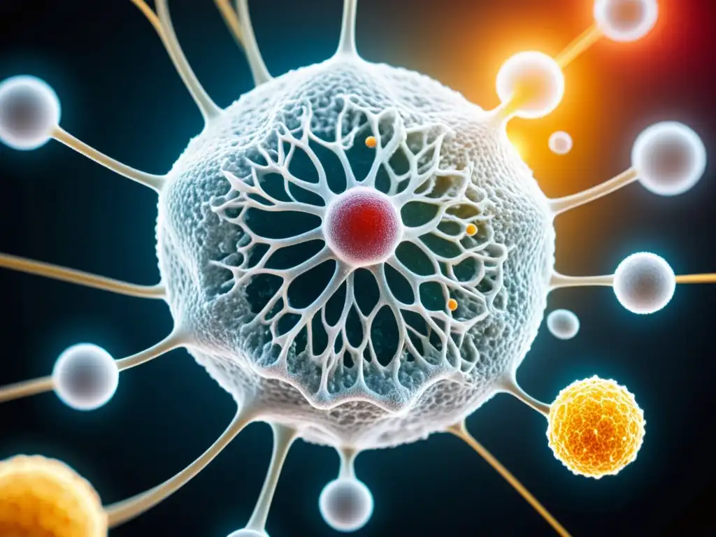Detallada imagen microscópica de selenoproteínas interactuando con un glóbulo blanco, resaltando el papel vital del selenio en el sistema inmunológico