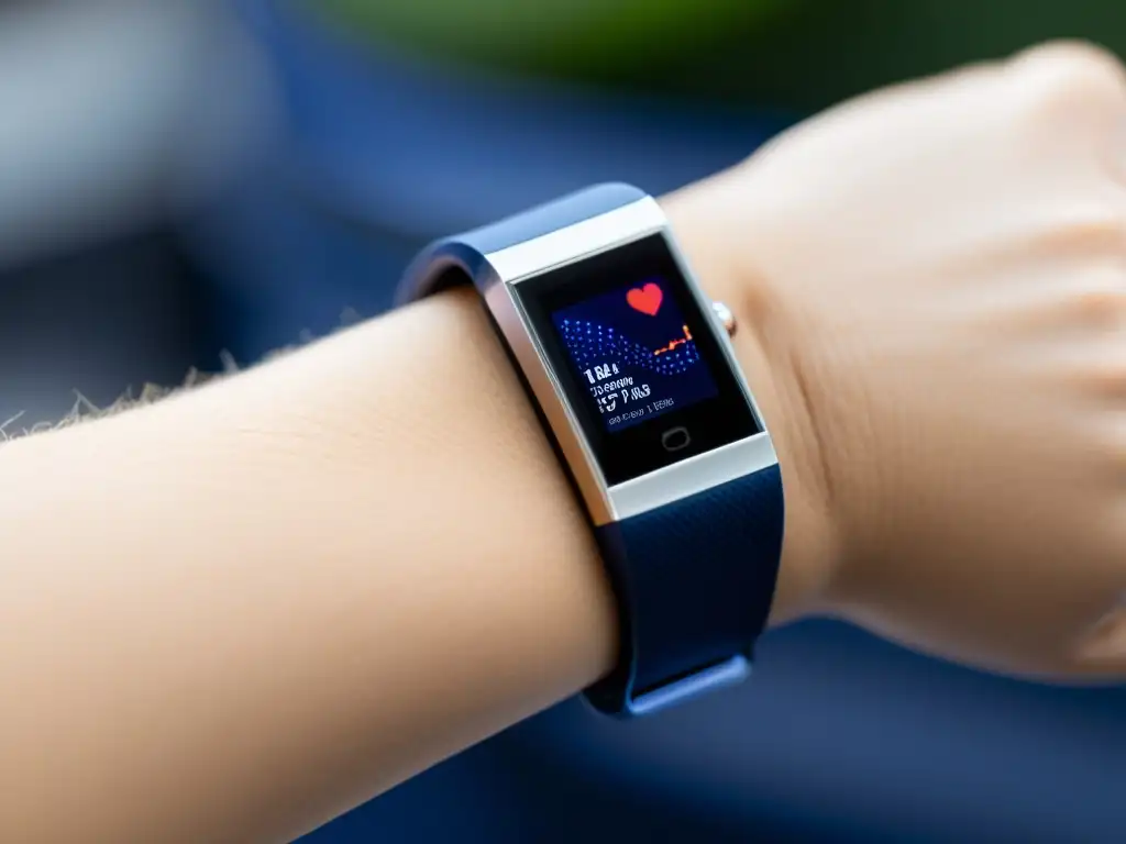Pulsera de salud moderna mostrando datos en OLED Detallada imagen de una muñeca con moderno dispositivo de salud con pantalla OLED que muestra datos en tiempo real