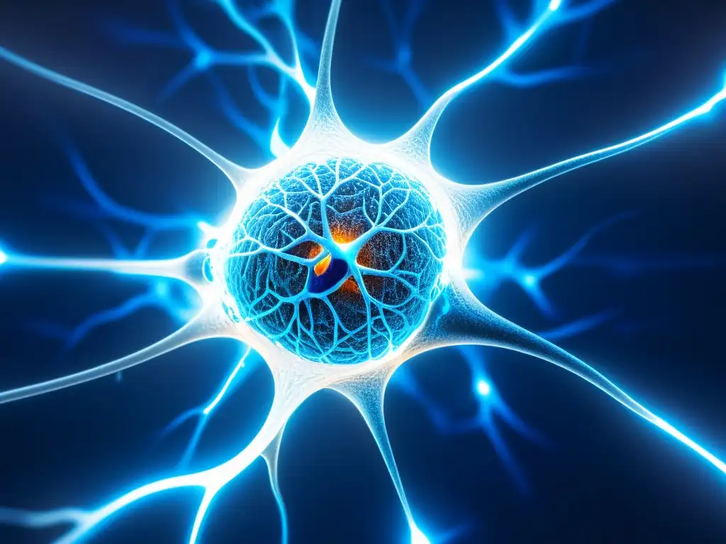 Neurona activa con sinapsis azules: mente y sistema inmune Detallada imagen de una neurona disparando en el cerebro, con vibrantes sinapsis azules