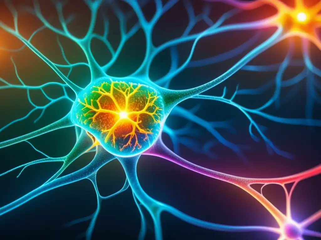Detallada imagen de neuronas interconectadas en el cerebro, con colores vibrantes que representan sus intrincadas vías