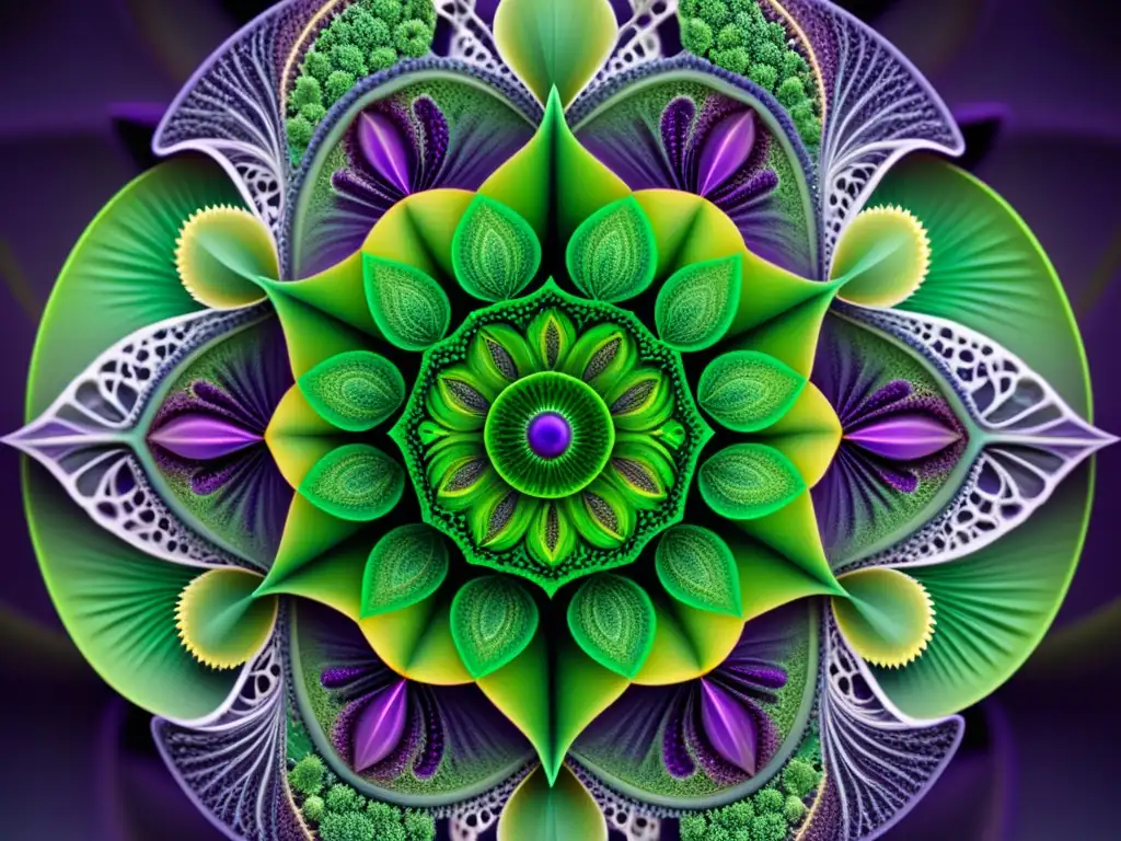 Detallada imagen de patrones de caleidoscopio verde y morado, evocando la compleja naturaleza del sistema inmunológico