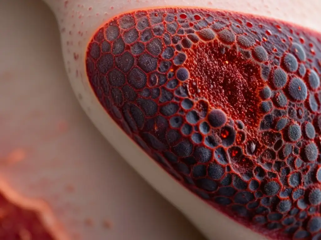 Detallada imagen de piel enrojecida, inflamada y escamosa por psoriasis, mostrando el impacto emocional y físico