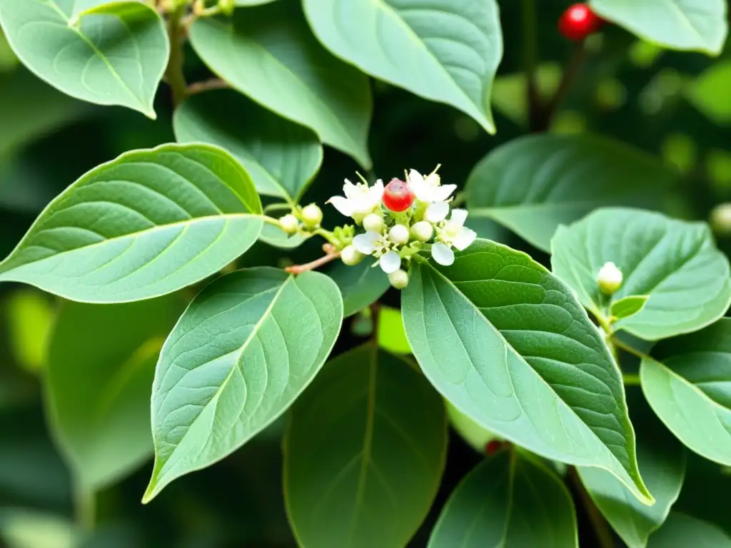 Planta de Ashwagandha: Detalles Vibrantes Detallada imagen de planta Ashwagandha verde vibrante con flores blancas y bayas rojas