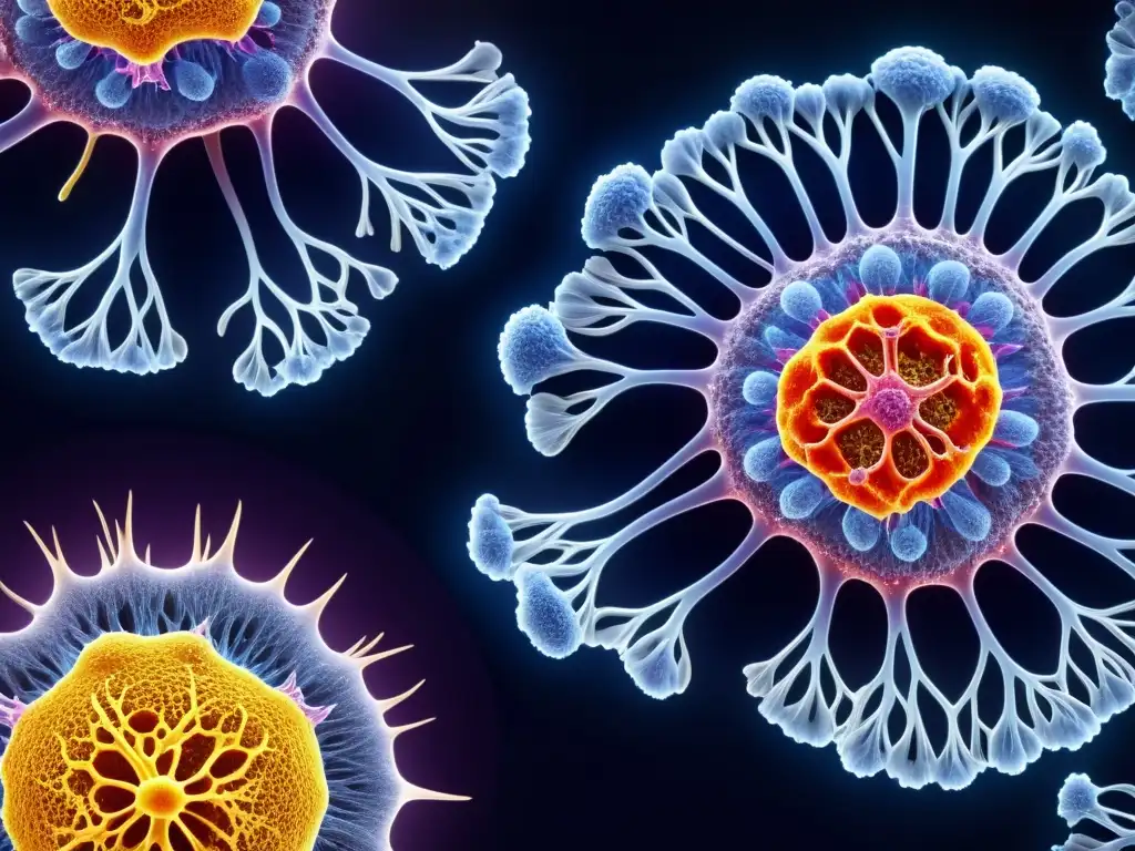 Redes inmunes: detalle de células y respuesta dinámica Una detallada imagen de una sección transversal de los ganglios linfáticos humanos, destacando la compleja red de células inmunitarias en interacción