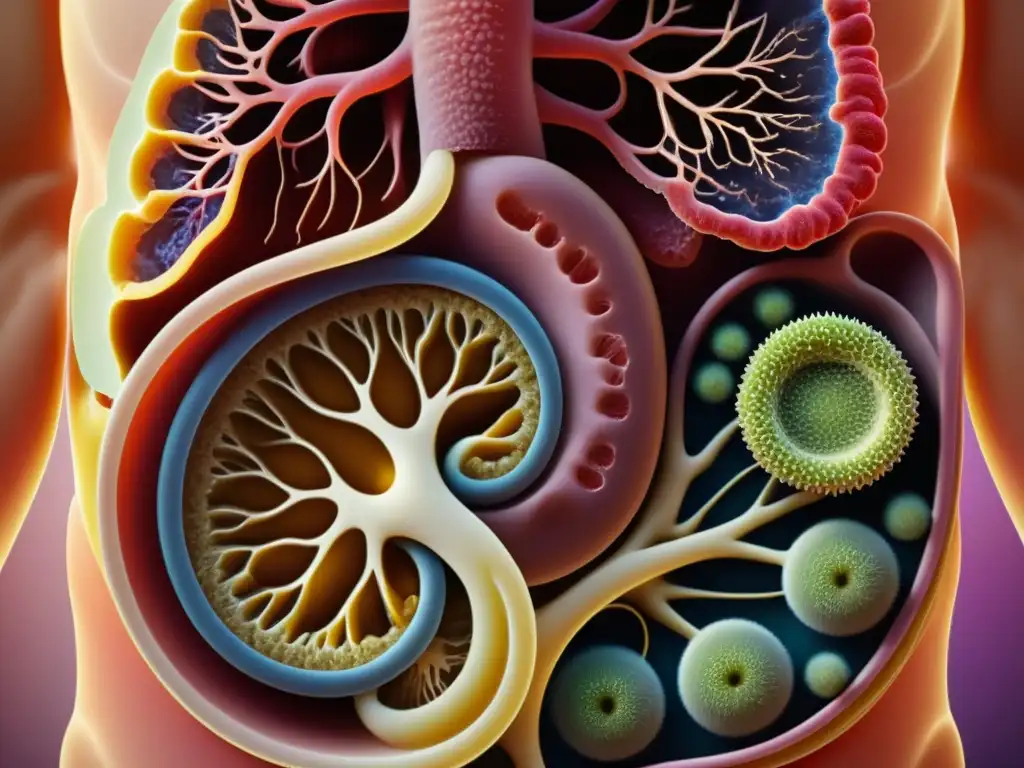 Villanos y bacterias: el poder del sistema digestivo Detallada imagen del sistema digestivo humano resaltando el ecosistema intestinal y su vínculo con la salud inmunológica