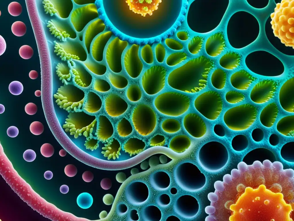 Microbioma intestinal: biodiversidad vibrante y vital Detallada imagen de un vibrante ecosistema de bacterias y microorganismos en el intestino