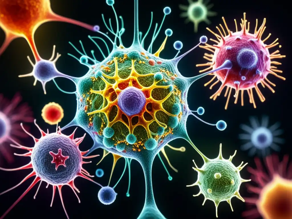 Increíble red de células del sistema inmune en detalle Detallada imagen de un vibrante entramado de células del sistema inmunológico, con efecto medicación psiquiátrica sistema inmunológico