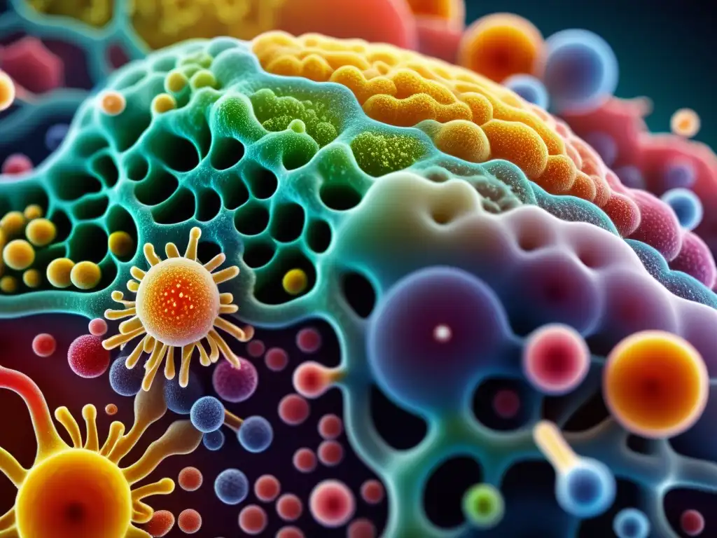 Microbioma intestinal: red microbiana en alta resolución Detallada representación de la microbiota intestinal, mostrando la complejidad y diversidad microbiana en el intestino