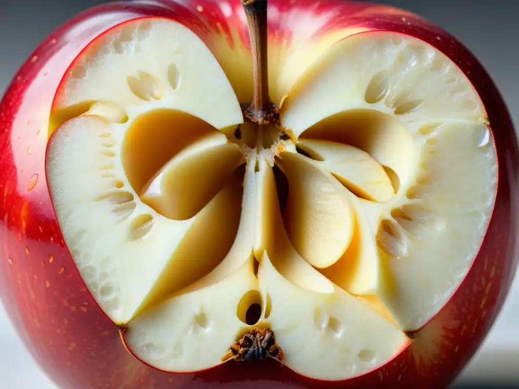 Bellamente detallada mitad de manzana roja, con red de quercetina y semillas