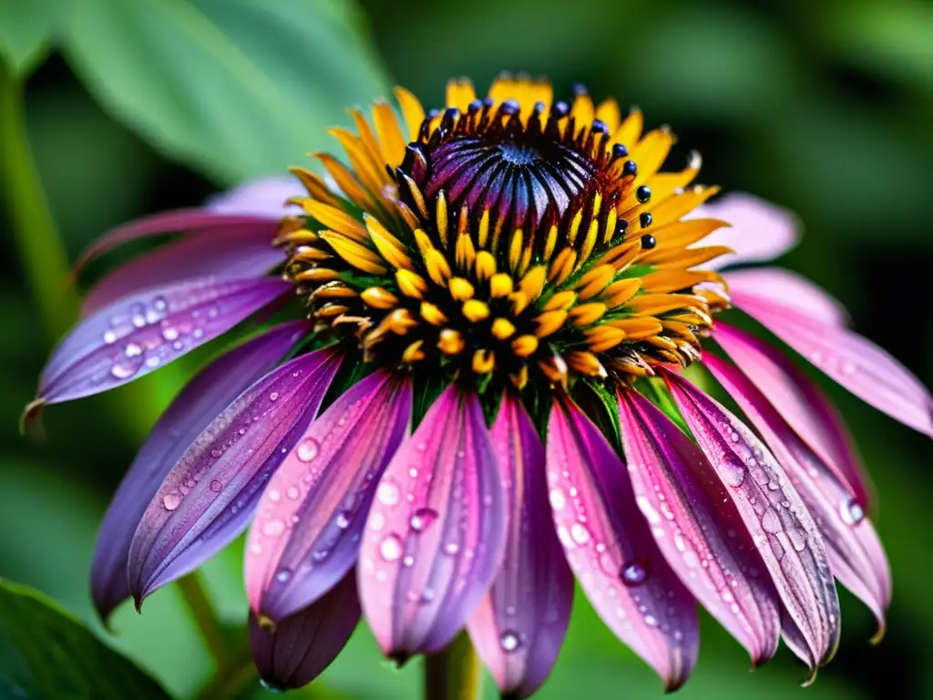 Flor púrpura de Echinacea con rocío: detalle cautivador Detallada equinácea morada con gotas de rocío resalta su belleza natural