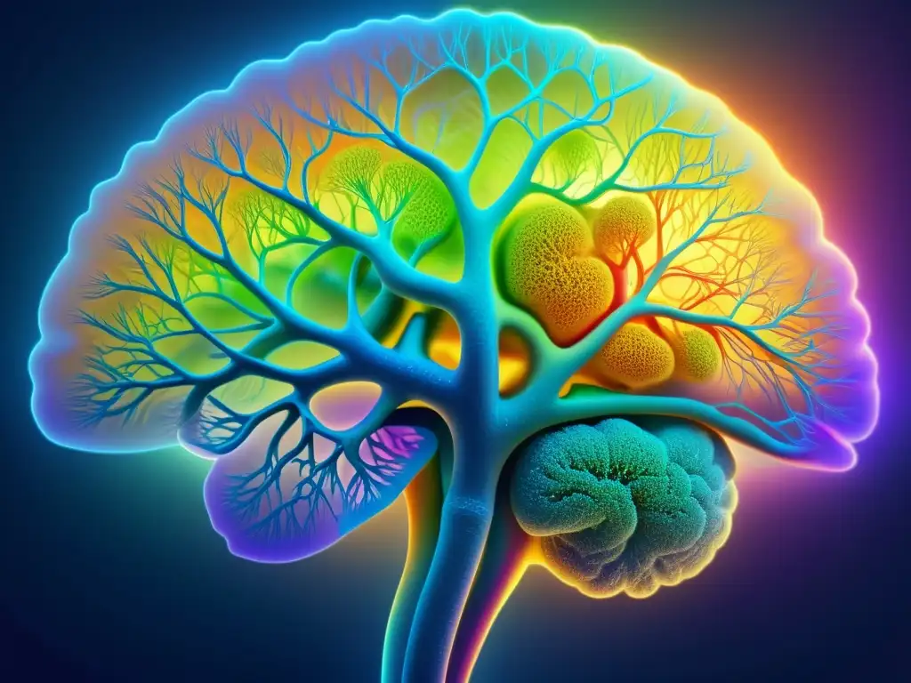 Red de neuronas en el cerebro humano: imagen detallada en 8k Detallada red neural en el cerebro humano, con conexiones vibrantes y sinapsis brillantes en tonos azules, verdes y morados