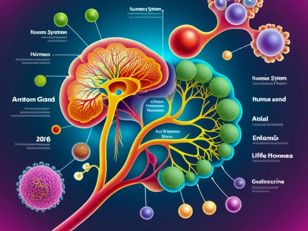 Sistema endocrino: equilibrio y vitalidad Ilustración detallada del sistema endocrino humano, destacando la red de glándulas y hormonas que regulan el estrés y la respuesta inmune