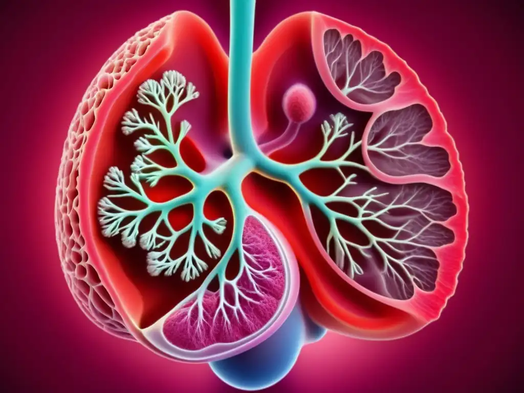 Detalle 3D de glándula timo: red vascular y linfática Detallada representación 3D del timo en el sistema inmune, destacando vasos sanguíneos y linfáticos