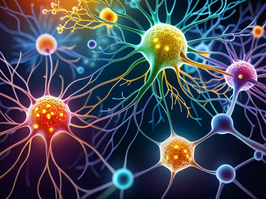 Interacción Neuroinmune en Fibromialgia: Detalle Vibrante Interacción detallada entre sistema inmunitario y nervioso