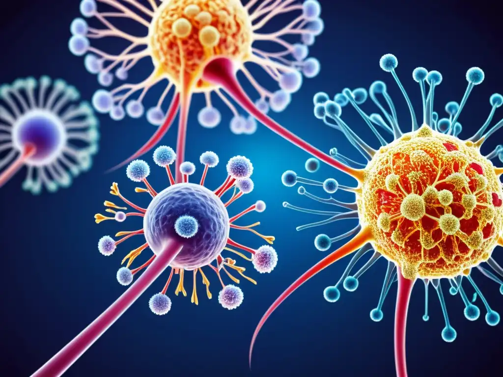 Ilustración médica detallada del sistema inmunológico atacado por enfermedades autoinmunes