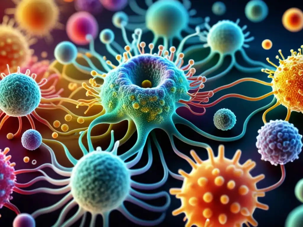 Compleja ilustración 8k del sistema inmune humano Detallada ilustración 8k del sistema inmunológico humano, con células T, células B y anticuerpos en una representación artística moderna y colorida