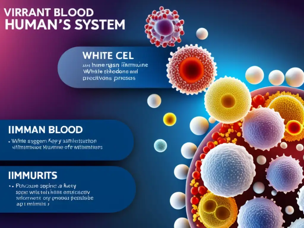 Ilustración detallada del sistema inmune humano Detallada ilustración del sistema inmunológico humano con colores vibrantes y detalles intrincados, destacando la importancia de los suplementos multivitamínicos en el sistema inmunológico