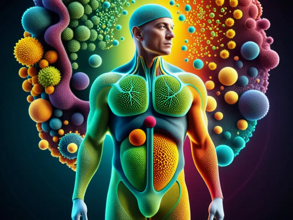 Inmersiva visualización 8K del sistema inmunológico humano Representación detallada en 8k del sistema inmunológico humano con algoritmos, colores vibrantes y patrones complejos