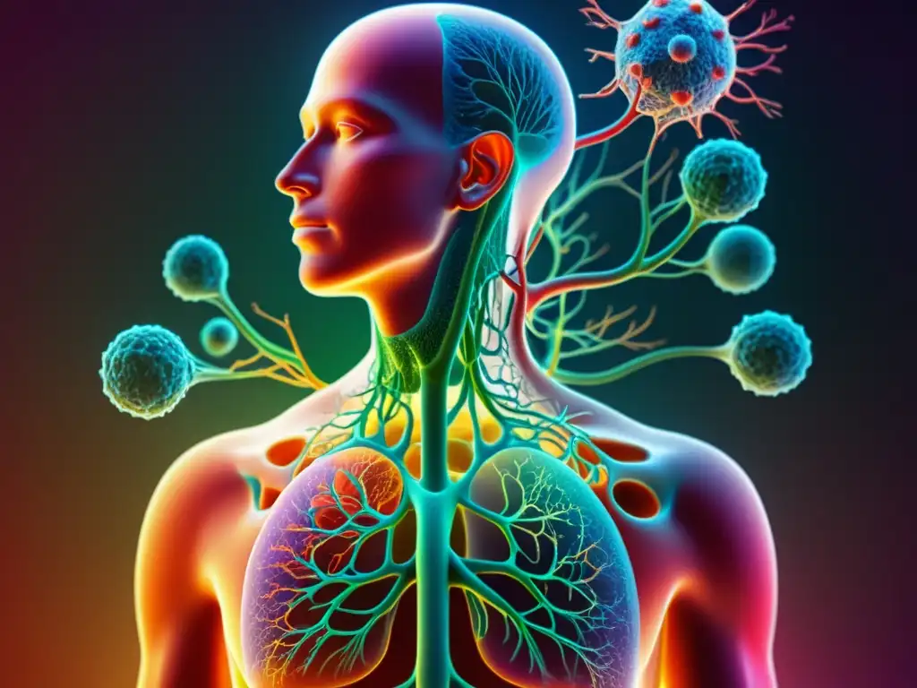 Ilustración detallada del sistema linfático humano en 8k Detallada ilustración en 8k del sistema linfático humano, resaltando su función en inmunidad con colores vibrantes y alto detalle