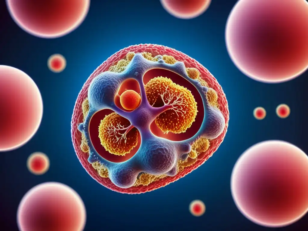 Un detallado close-up de una célula hepática atacada por el sistema inmunitario, ilustrando la compleja patofisiología de la hepatitis autoinmune