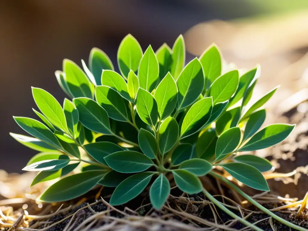 Raíz de astrágalo: vitalidad y resiliencia en detalle Detallado primer plano de una raíz de astrágalo verde vibrante, exudando vitalidad y salud