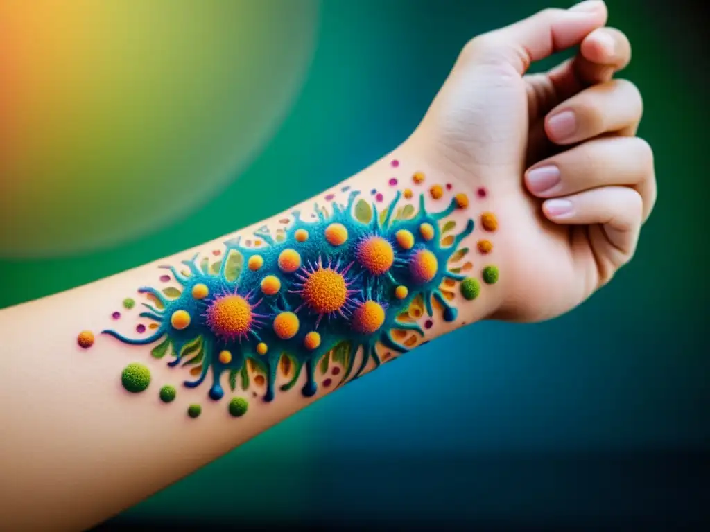 Increíble tatuaje temporal del sistema inmune en la muñeca Un detallado y vibrante tatuaje temporal de un sistema inmunológico estilizado en la muñeca, con sensores biométricos integrados sutilmente