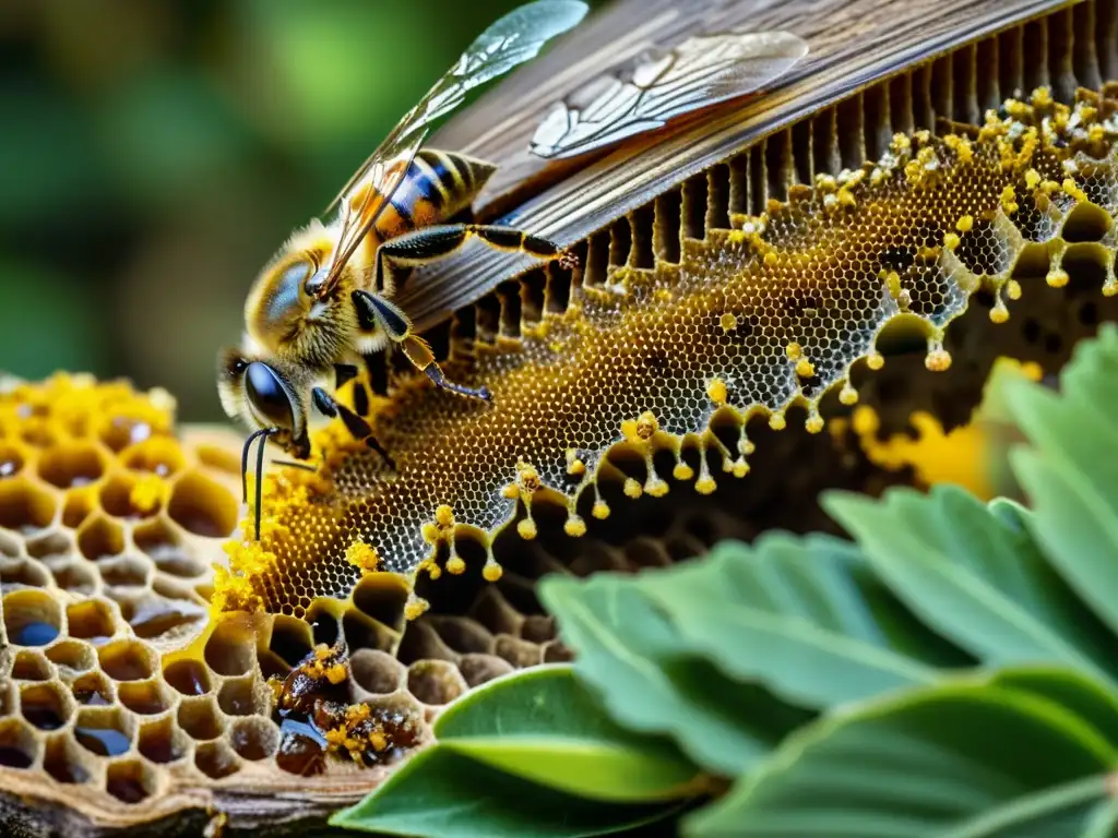 Abeja recolectando propóleo: detalle en alta resolución Detalle de abeja recolectando propóleo, resaltando los beneficios del polen de abeja para el sistema inmune