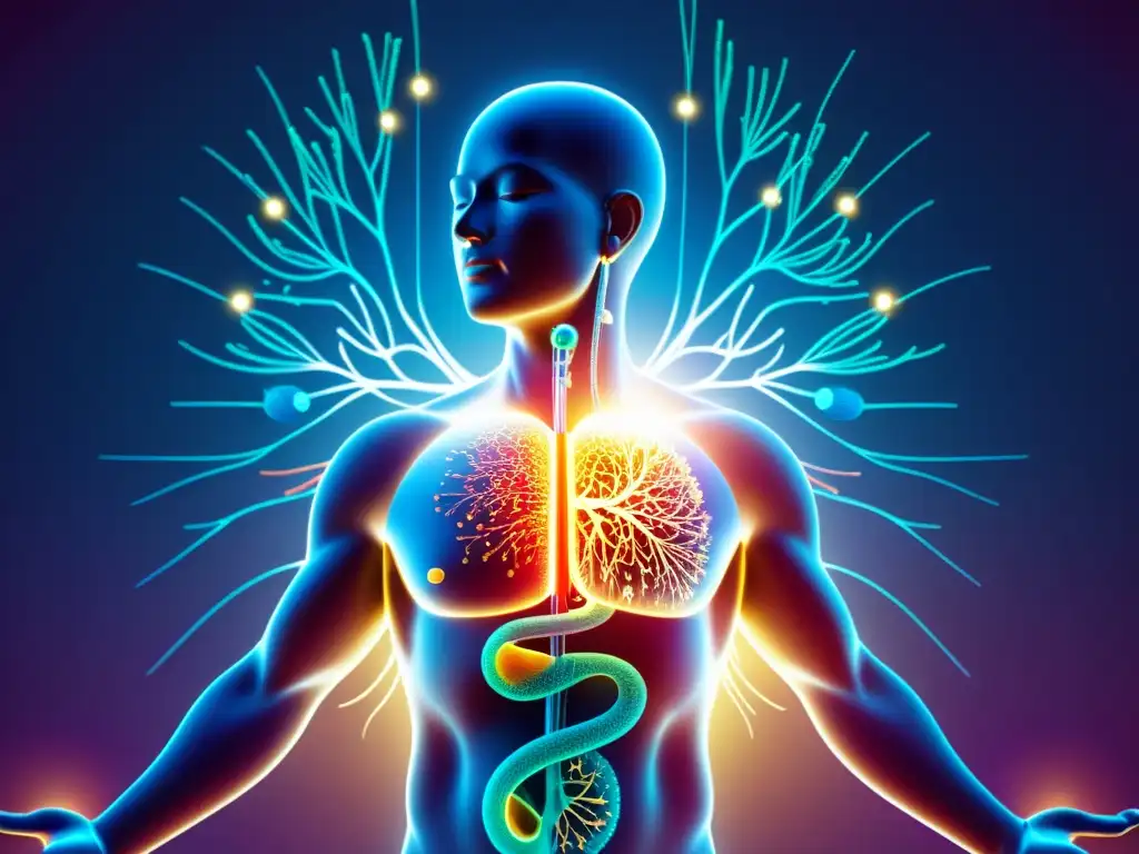 Acupuntura: Interconexión del cuerpo y sistema inmunológico Detalle de ilustración de acupuntura, mostrando la interconexión entre el sistema nervioso y la respuesta inmune