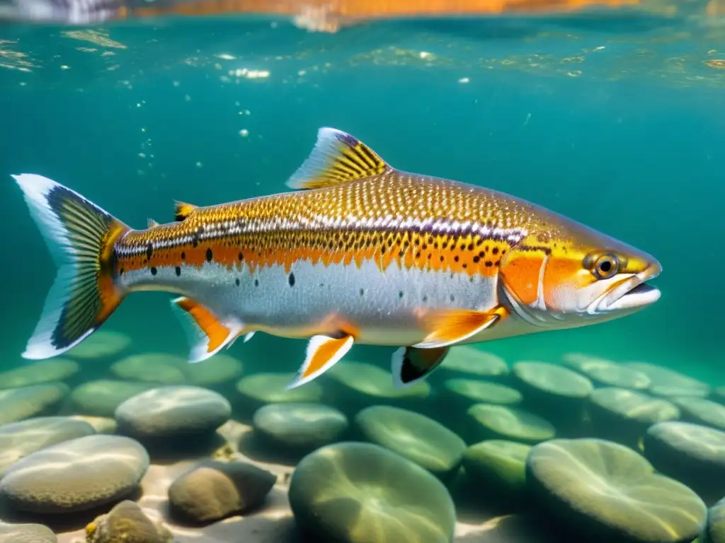 Salmon nadando en aguas cristalinas: belleza natural Detalle de salmón nadando en aguas cristalinas con reflejos de luz solar