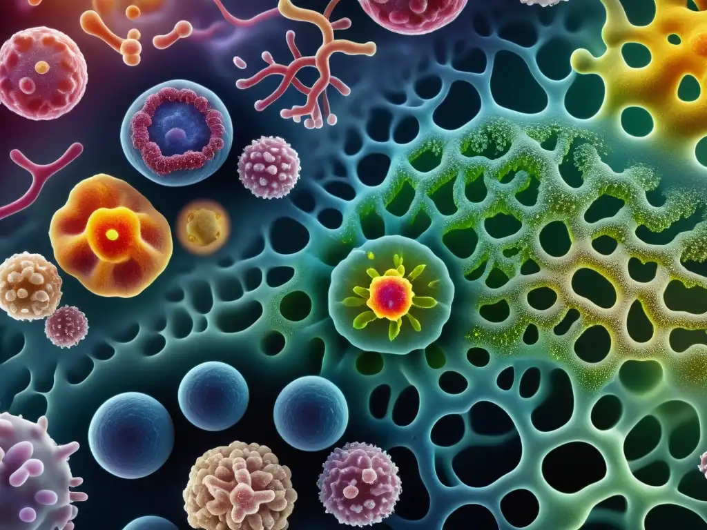 Microbiota intestinal: Ecosistema vibrante en 8k Detalle en alta resolución de la microbiota intestinal, un ecosistema complejo clave en enfermedades autoinmunes