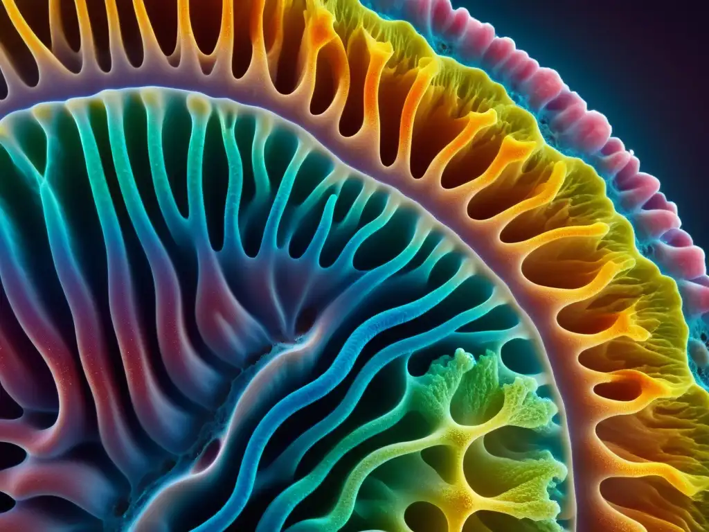 Microbiota Intestinal: Un Universo Vibrante Detalle en alta resolución de la pared intestinal humana, mostrando la diversa microbiota